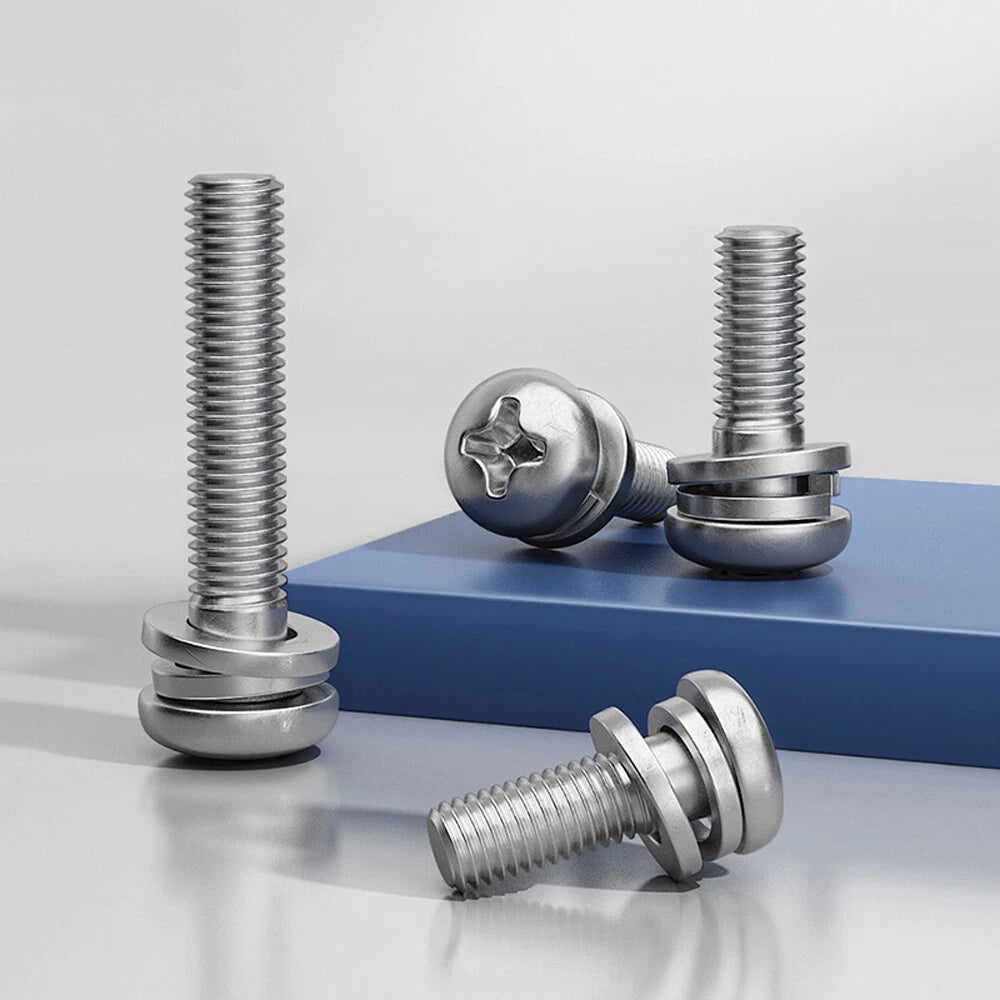 M3 M4 M5 Phillips Pan Head Screws with Spring & Flat Washer – 316 Stainless Steel Marine Grade (6–30mm)