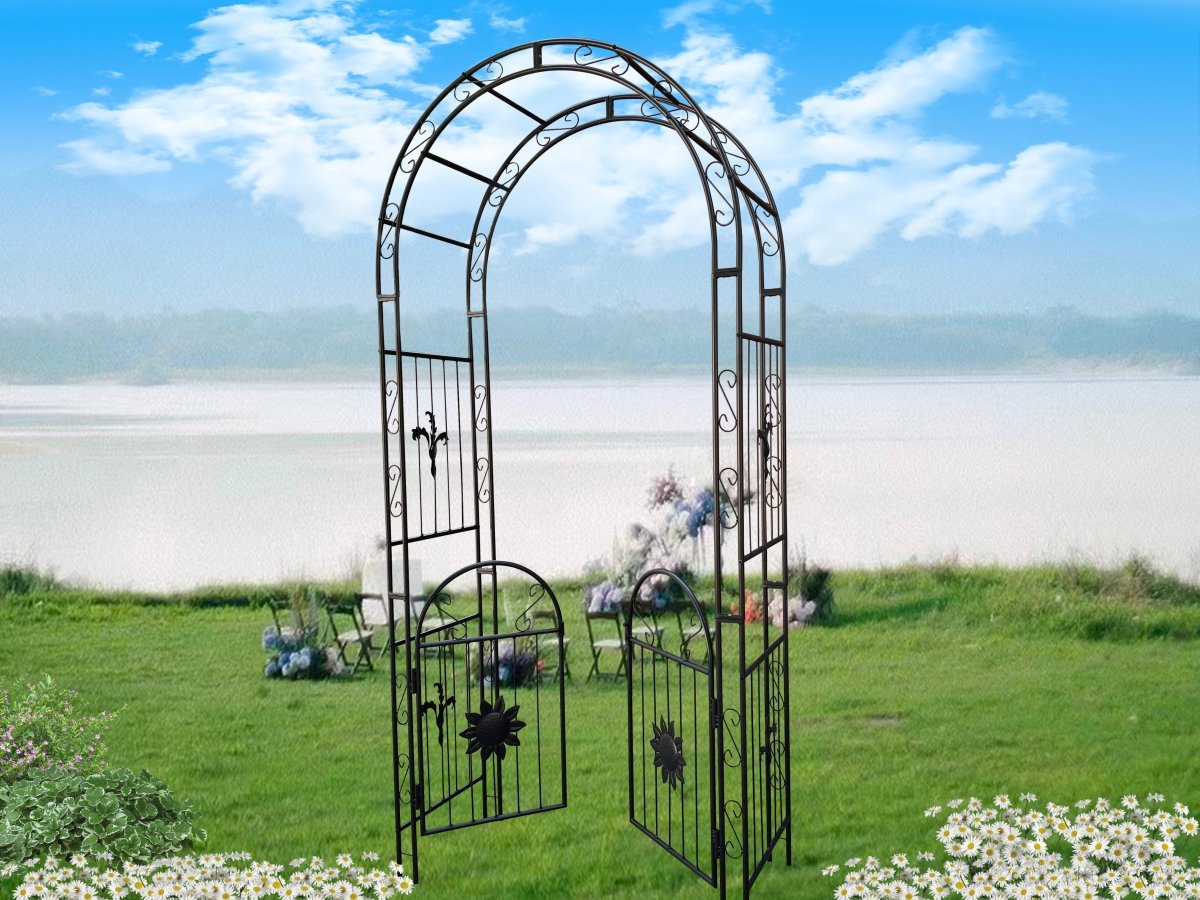 Metal Garden Arch with doors Garden Arbor Trellis Climbing Plants Support Arch Outdoor Arch Wedding Arch Party Events Archway Black - HomeDIYer