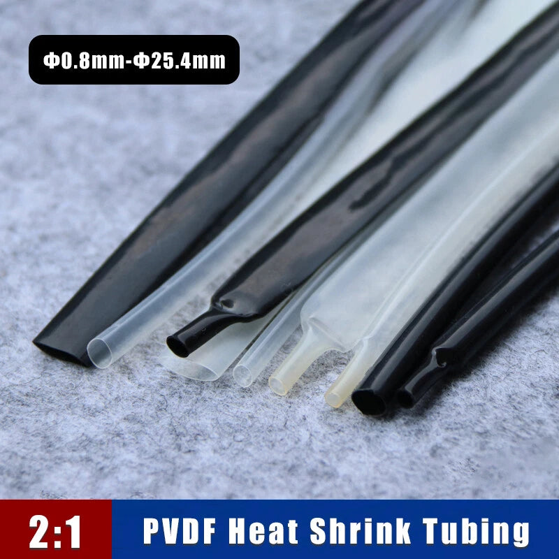 PVDF Heat Shrink Tubing 2:1 Ratio — φ0.8mm to φ25.4mm, 175°C Rated, Black & Transparent