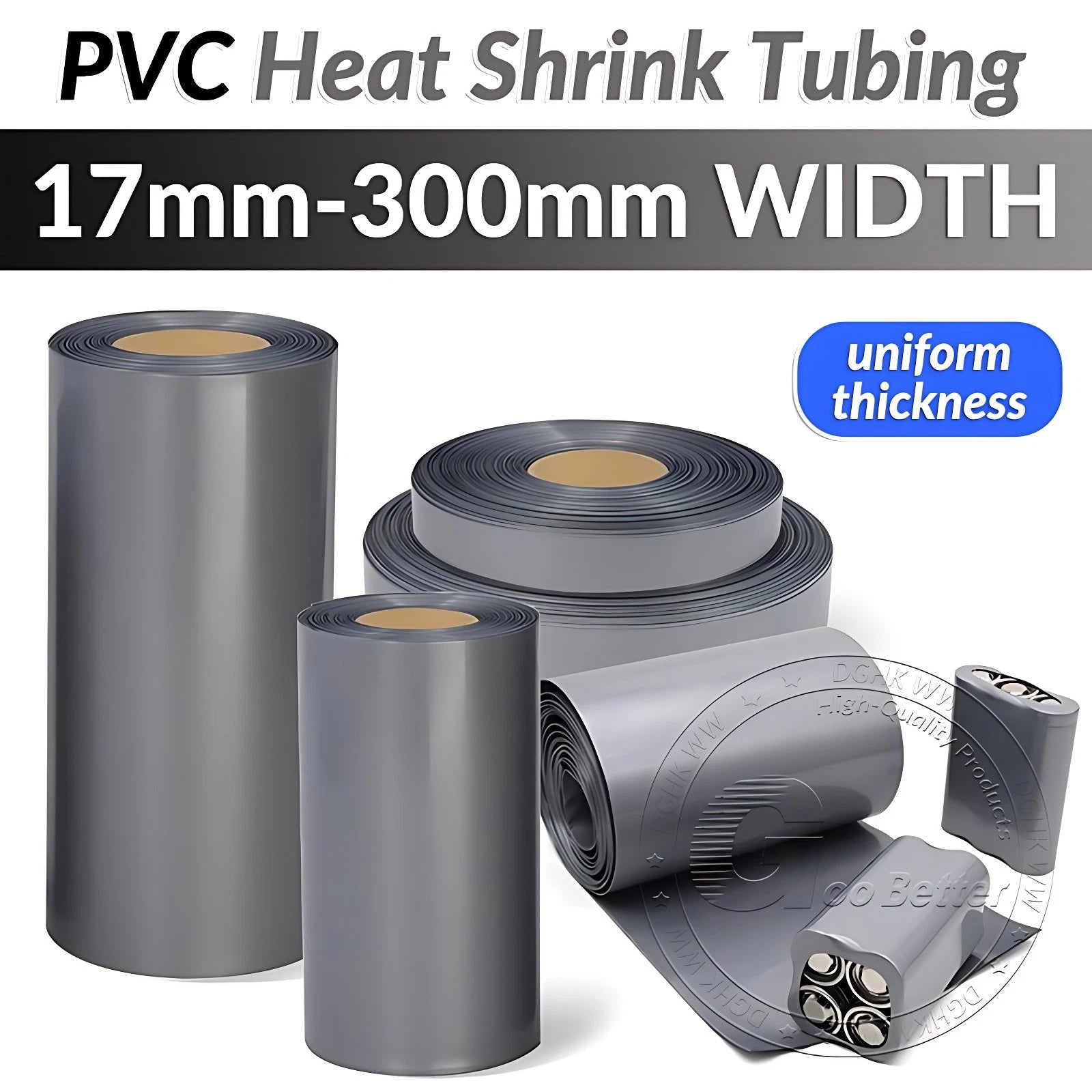 PVC Heat Shrink Tubing for RC Battery Packs — 17mm to 300mm Wide, Grey