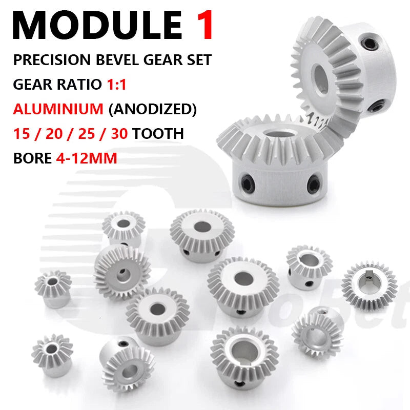 Bevel Gear Set Module 1 Aluminium 1:1 Pairing 15 - 30 Tooth Miter Gear Precision
