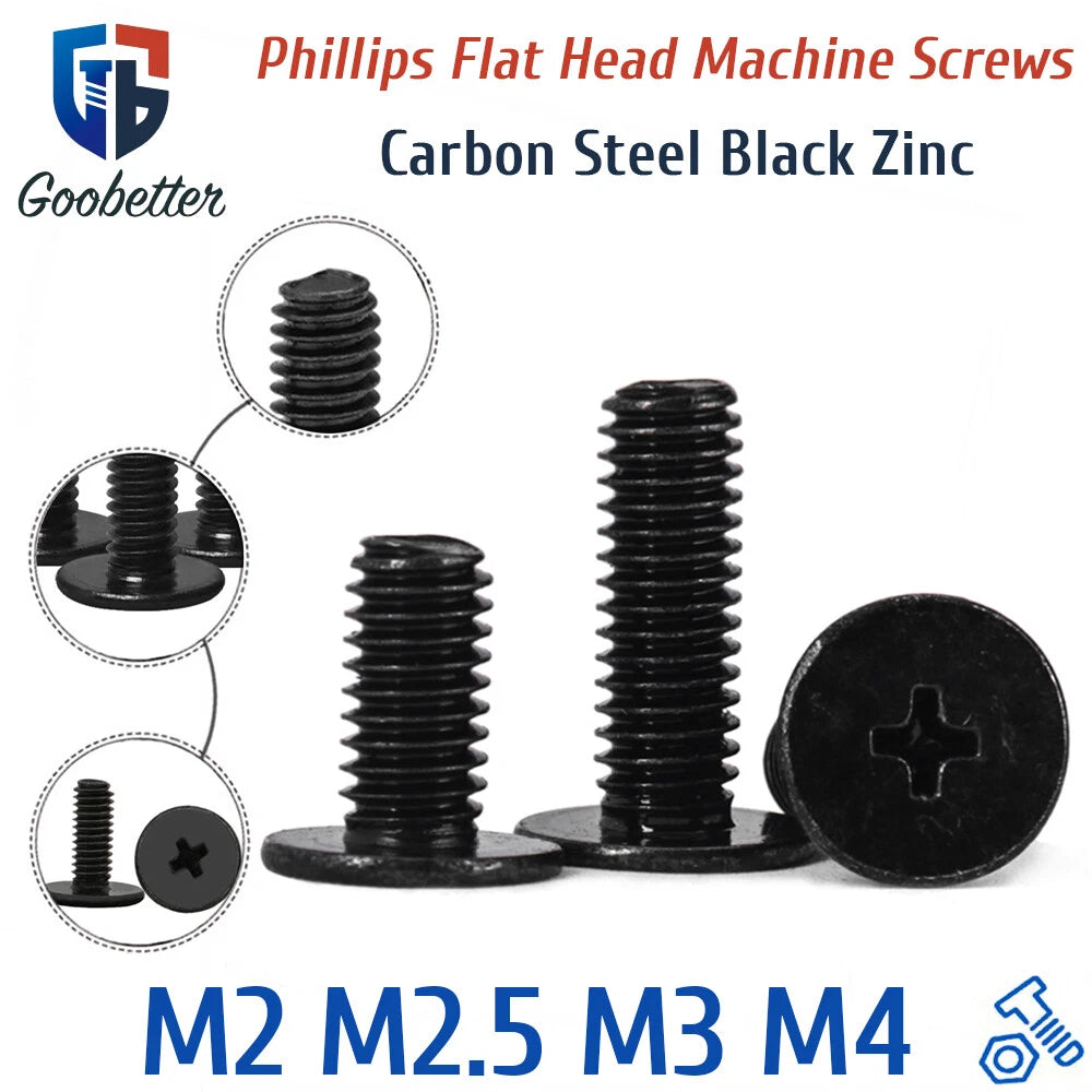 M2 M2.5 M3 M4 Black Zinc Phillips Flat Head Screws – Laptop & Notebook Machine Bolts (3–16mm)