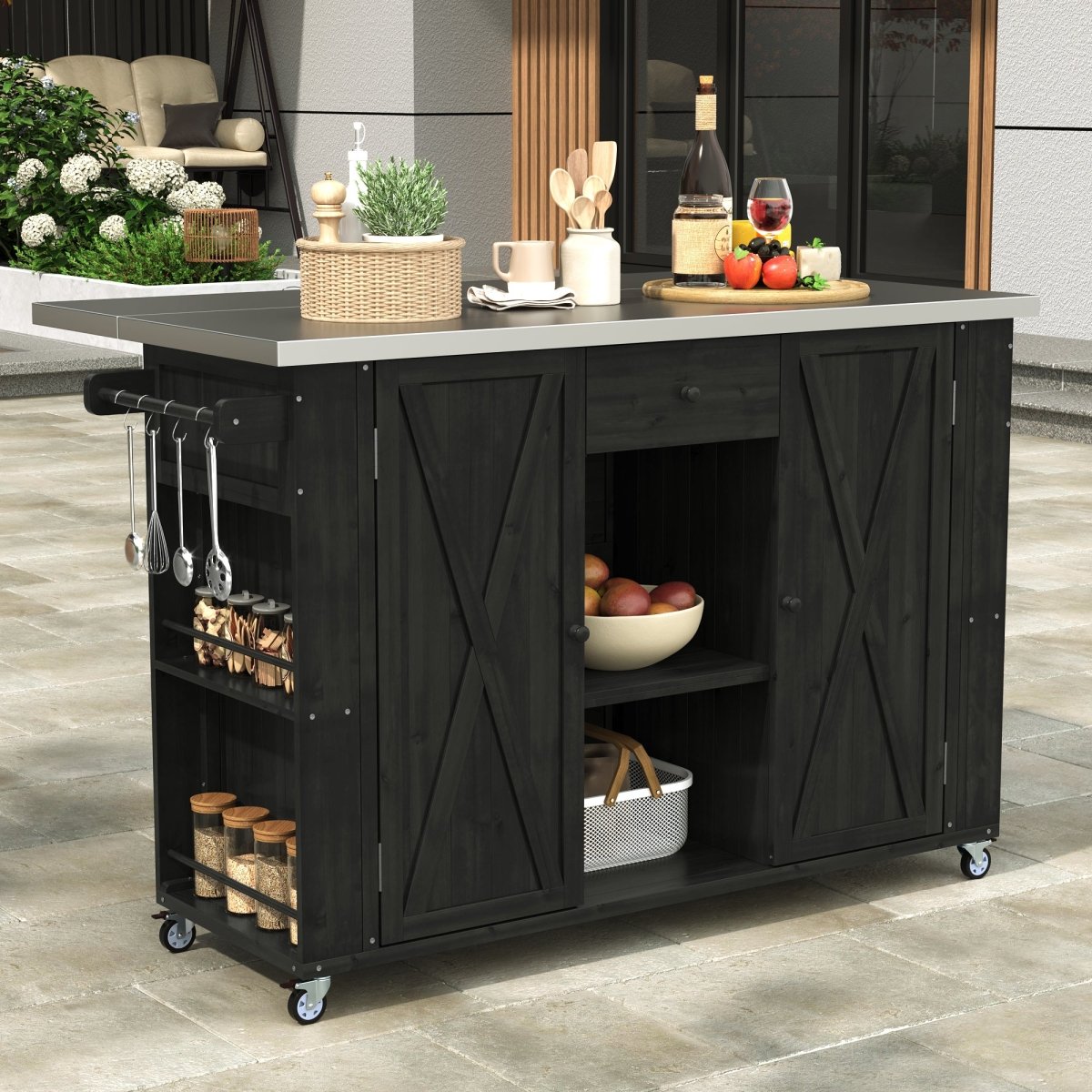 Outdoor Kitchen Island with Stainless Steel Top | Foldable Fir Wood Prep Statio - HomeDIYer