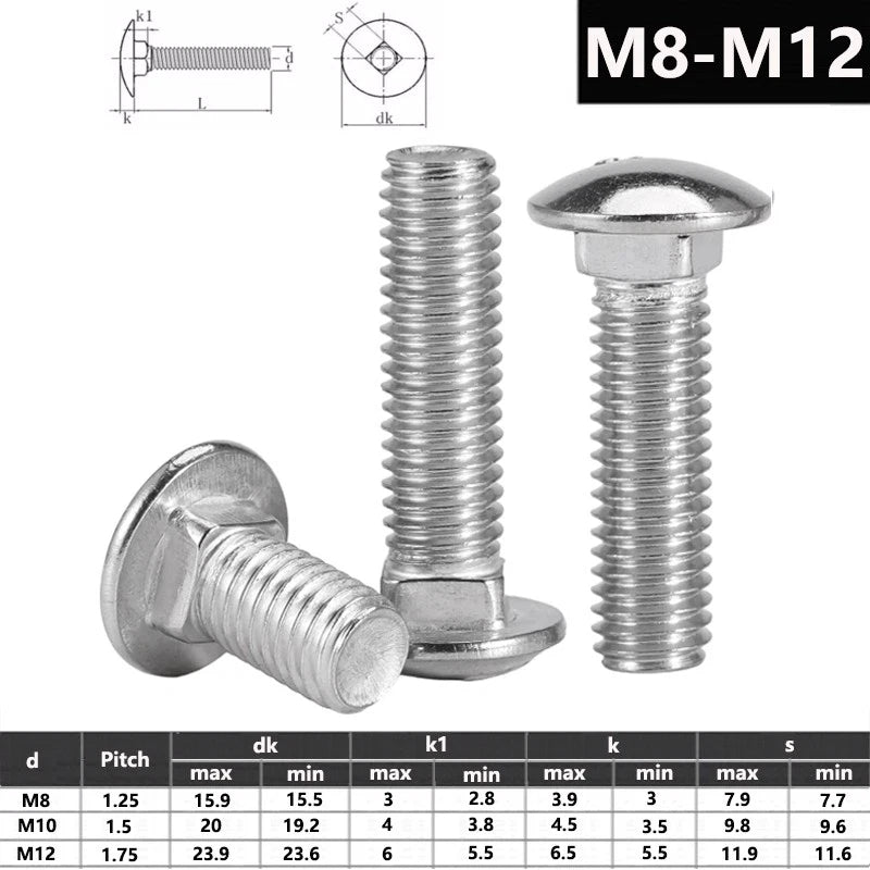 M8 M10 M12 Carriage Bolts – A2-70 Stainless Steel Cup Square Domed Screws