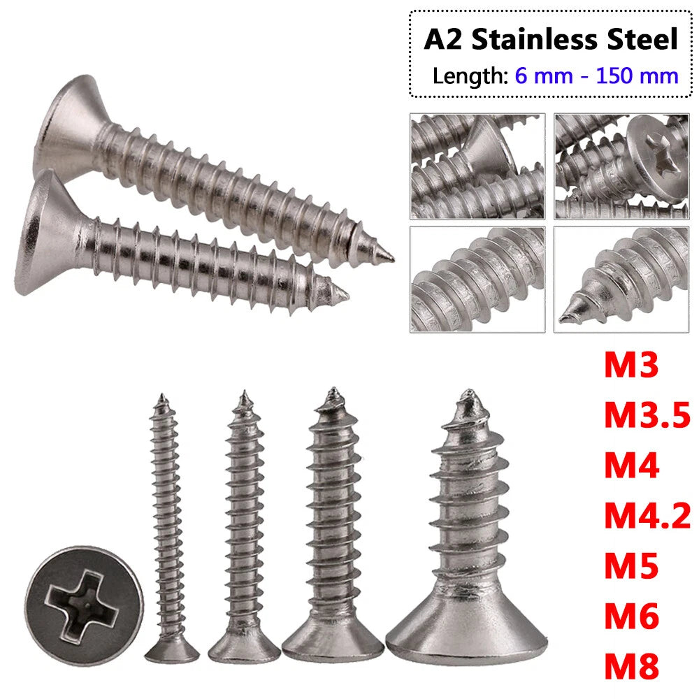 M3–M8 Countersunk Flat Head Self Tapping Screws – A2 Stainless Steel