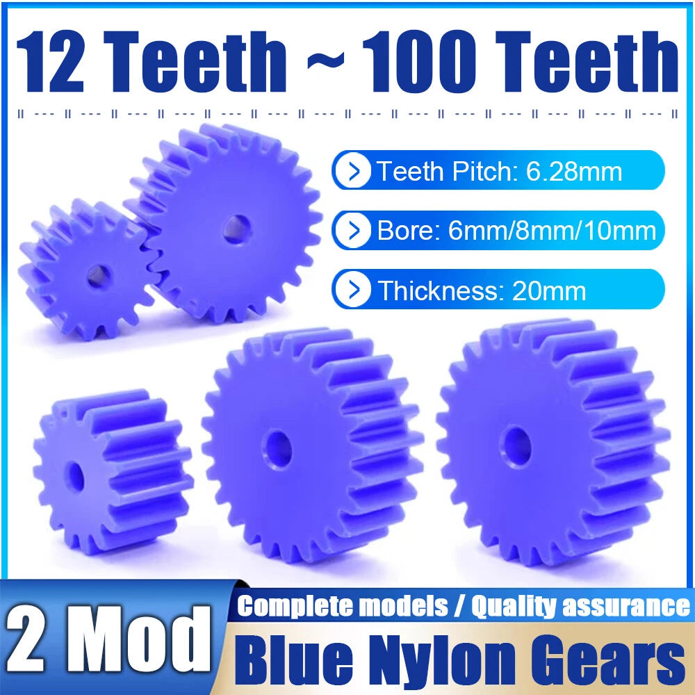 2 Modulus Blue Nylon Spur Gear, Cylinder Flat Gears 12~100 Teeth, 6/8/10mm Bore
