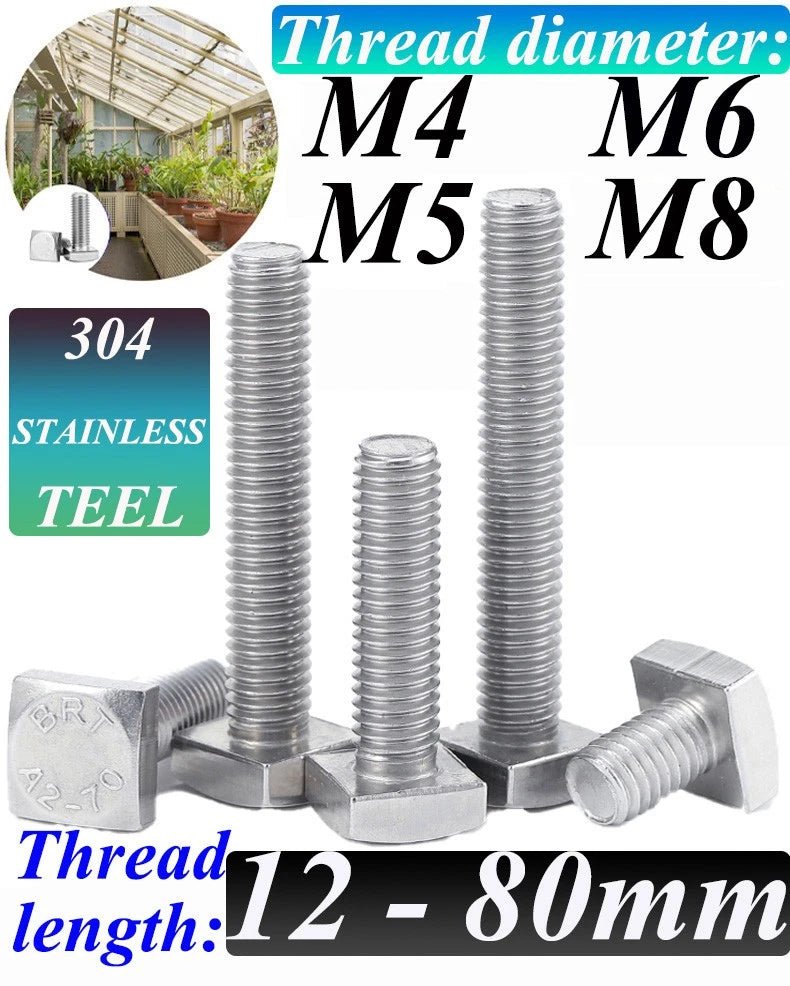 M4 M5 M6 M8 Square Head Bolts Full Thread 304 Stainless Steel — 12 to 80mm - HomeDIYer