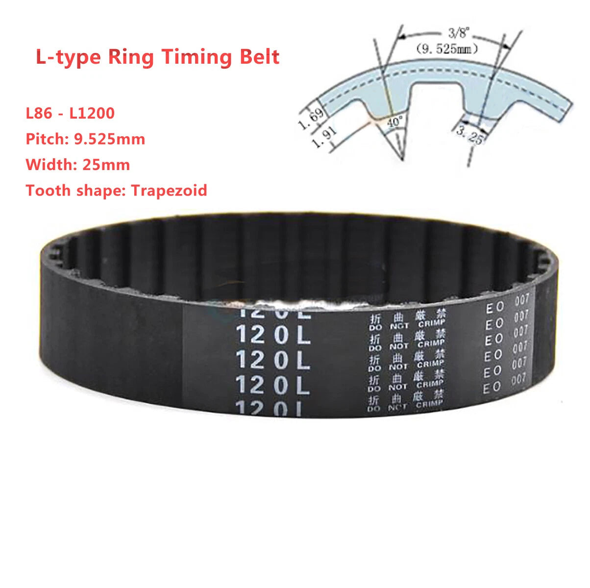 L-Type Timing Belt – 25mm Wide, Black Rubber, 9.525mm Pitch (86L–1200L)