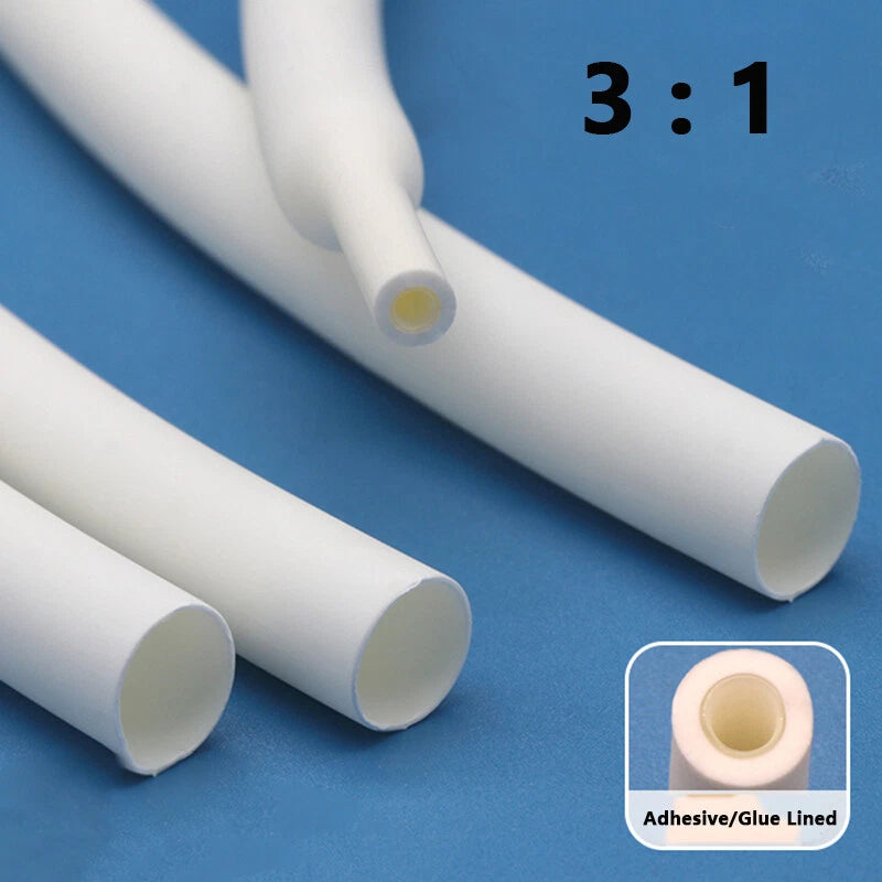 3:1 White Adhesive Heat Shrink Tubing — Glue Lined, Waterproof, Multiple Sizes