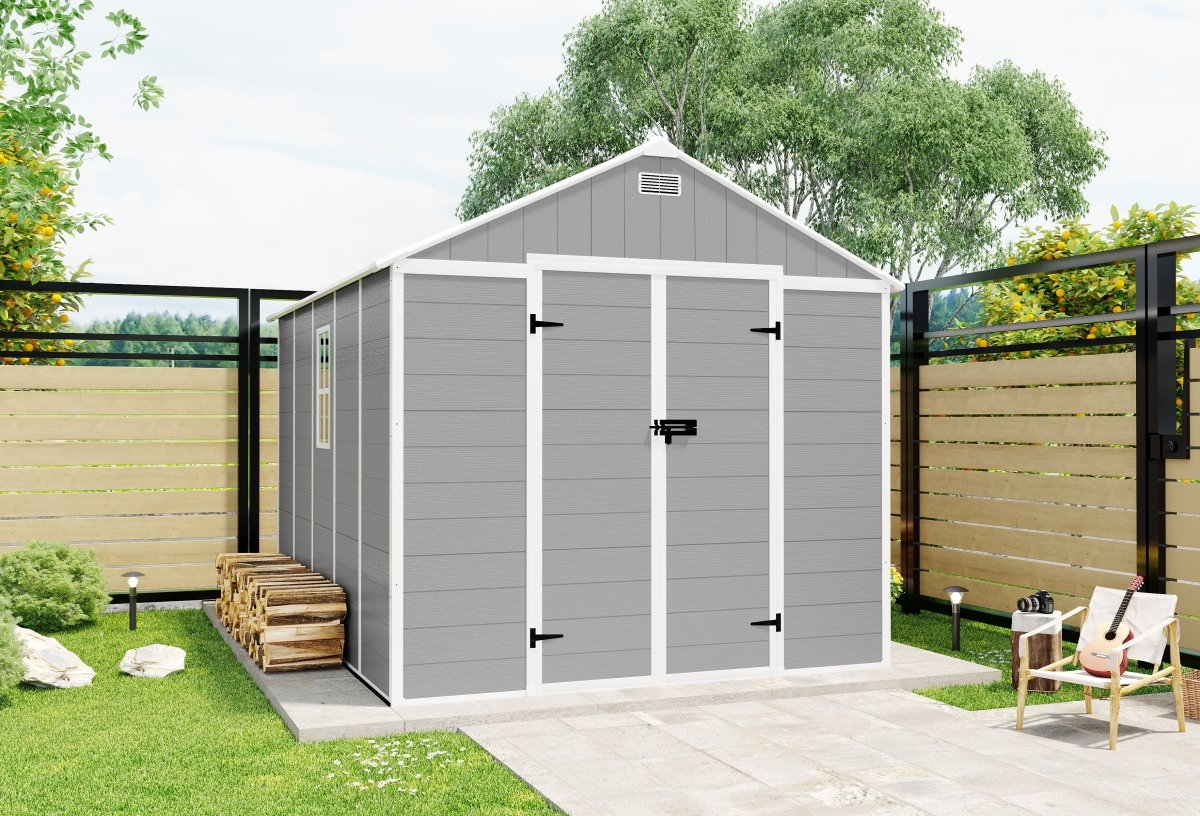 8*10 ft Resin Storage Shed, High Quality Pp Material, Strong Structure, Waterproof, Rust And Uv Proof, Large Storage Space, 12mm Thick Pp Board, Hd Window Lighting - HomeDIYer