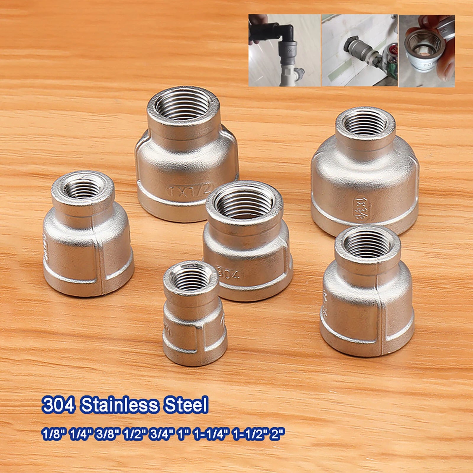 304 Stainless Steel BSP Reducing Socket Pipe Fitting Adapter — Multiple Sizes