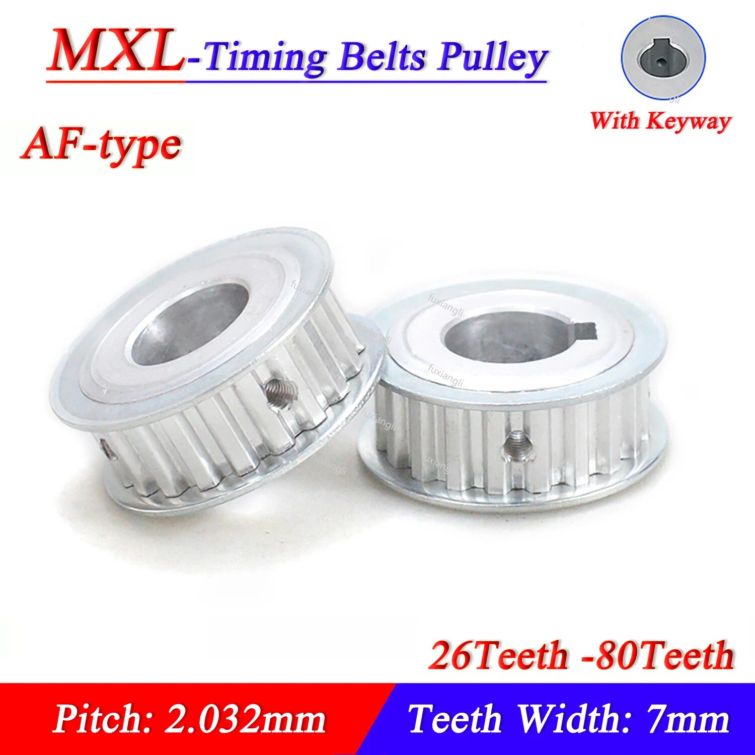 MXL 20-80Teeth Timing Belt Pulleys Pitch 2.032mm AF-type With Keyway Width 7mm