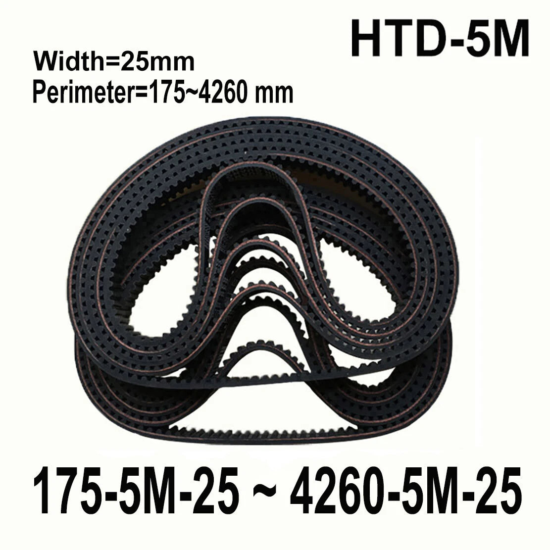 HTD-5M Closed Loop Timing Belt 25mm Wide — Perimeter 175mm to 4260mm