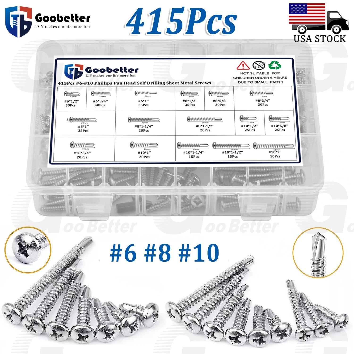 415pc #6 #8 #10 Pan Head Self Tapping Screws – 410 Stainless Steel Kit