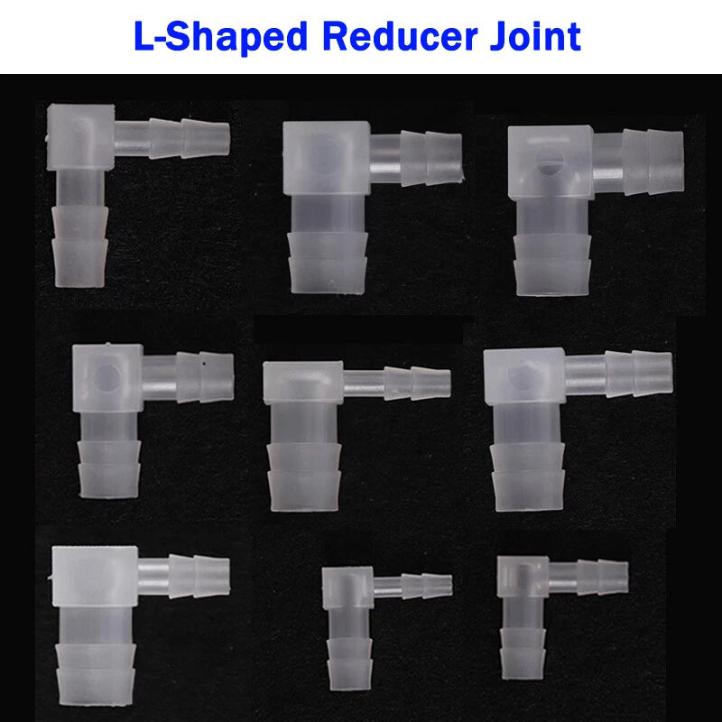 L-Shaped Reducer Elbow Hose Connector — Plastic Tube Fitting for Air & Water Lines