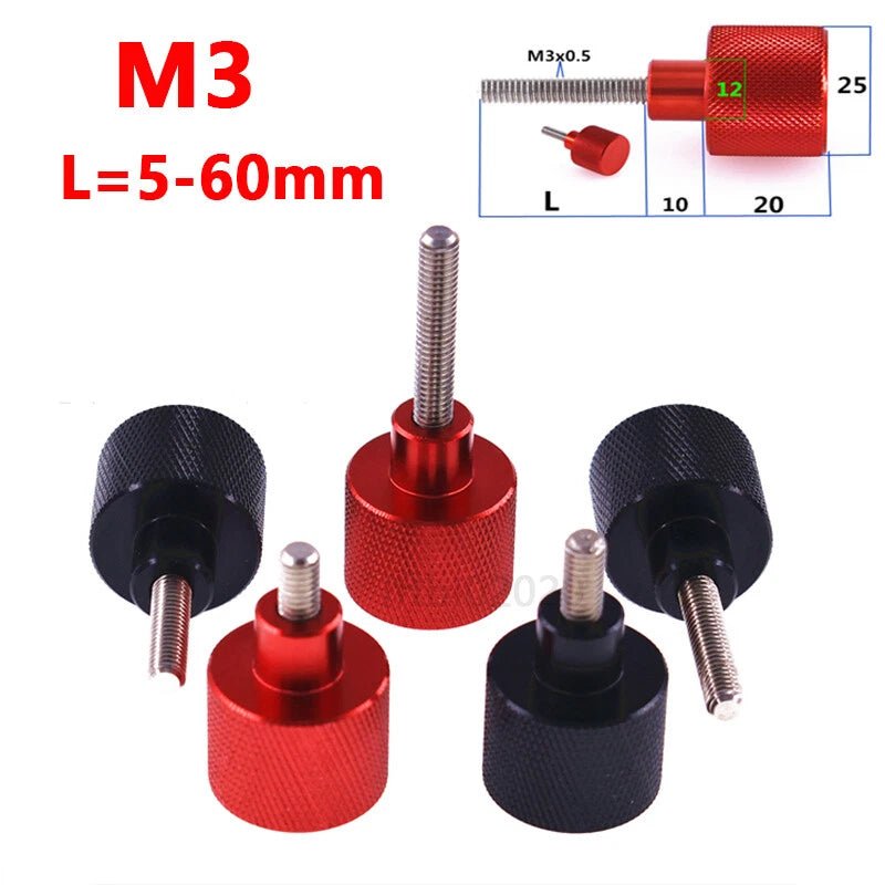 M3 Knurled Thumb Screws — Aluminum Handle + Stainless Steel Thread Rod, 5–60mm, Black & Red - HomeDIYer