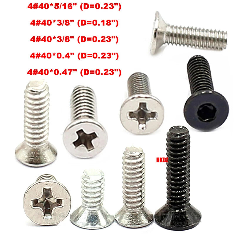 4#40 Countersunk Machine Screws – Phillips or Hex Drive, Stainless or Carbon Steel (Nickel/Black Zinc)