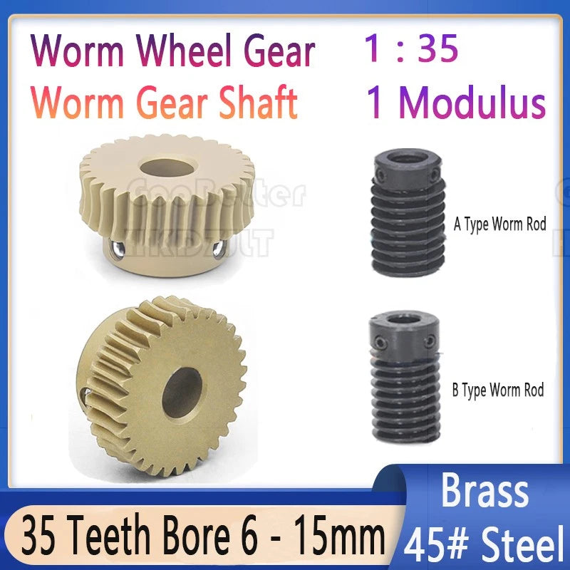 Mod 1 Worm Gear Wheel Brass 35 Tooth Worm Shaft 45# Steel Precision Bore 6-15 mm