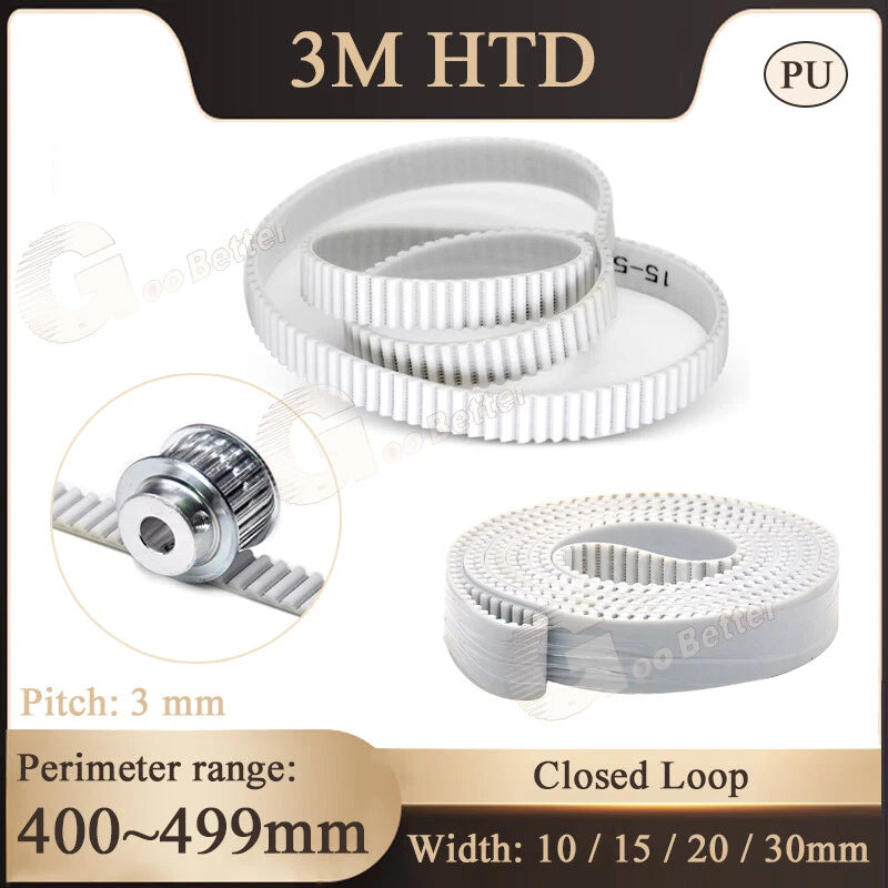 3M HTD Closed-Loop PU Timing Belt — 486–498mm Perimeter, 10–30mm Wide