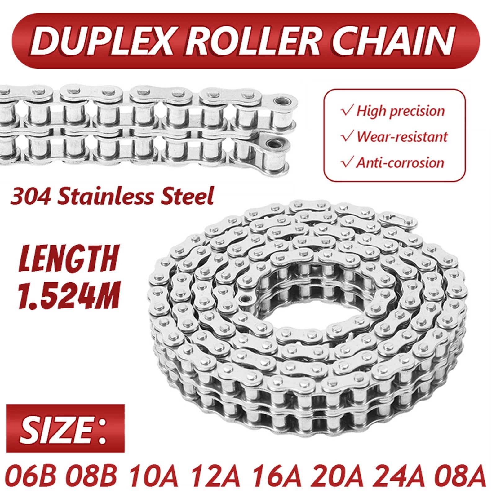 304 Stainless Steel Duplex Double Strand Roller Chain 06B -24A 1.524M Length