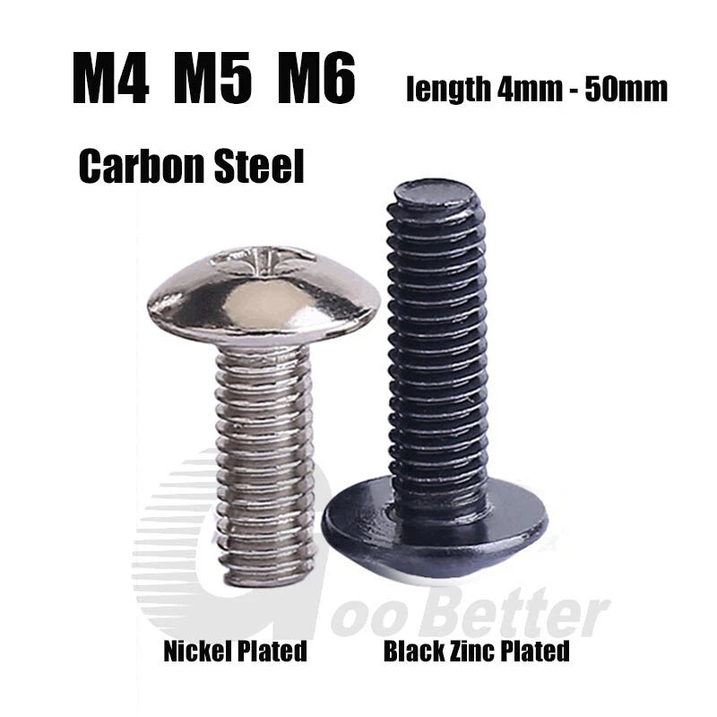 M4 M5 M6 Truss Head Phillips Screws – Carbon Steel, Nickel or Black Zinc Plated (4–50mm Lengths)