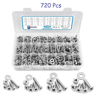 720Pcs Stainless Steel Phillips Flat Head Machine Screws Nuts Washers Assortment Kit – #6-32 #8-32 #10-24 1/4-20 SAE