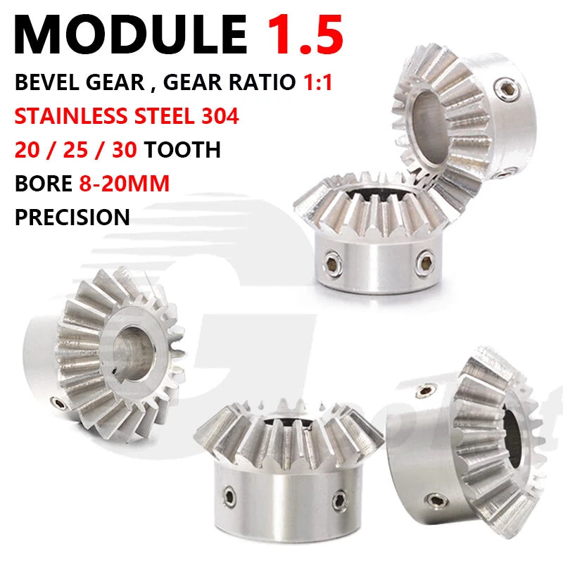 Bevel Gear Stainless Steel Module 1.5 90° 1:1 Pairing 20/25/30 Tooth Miter Gear