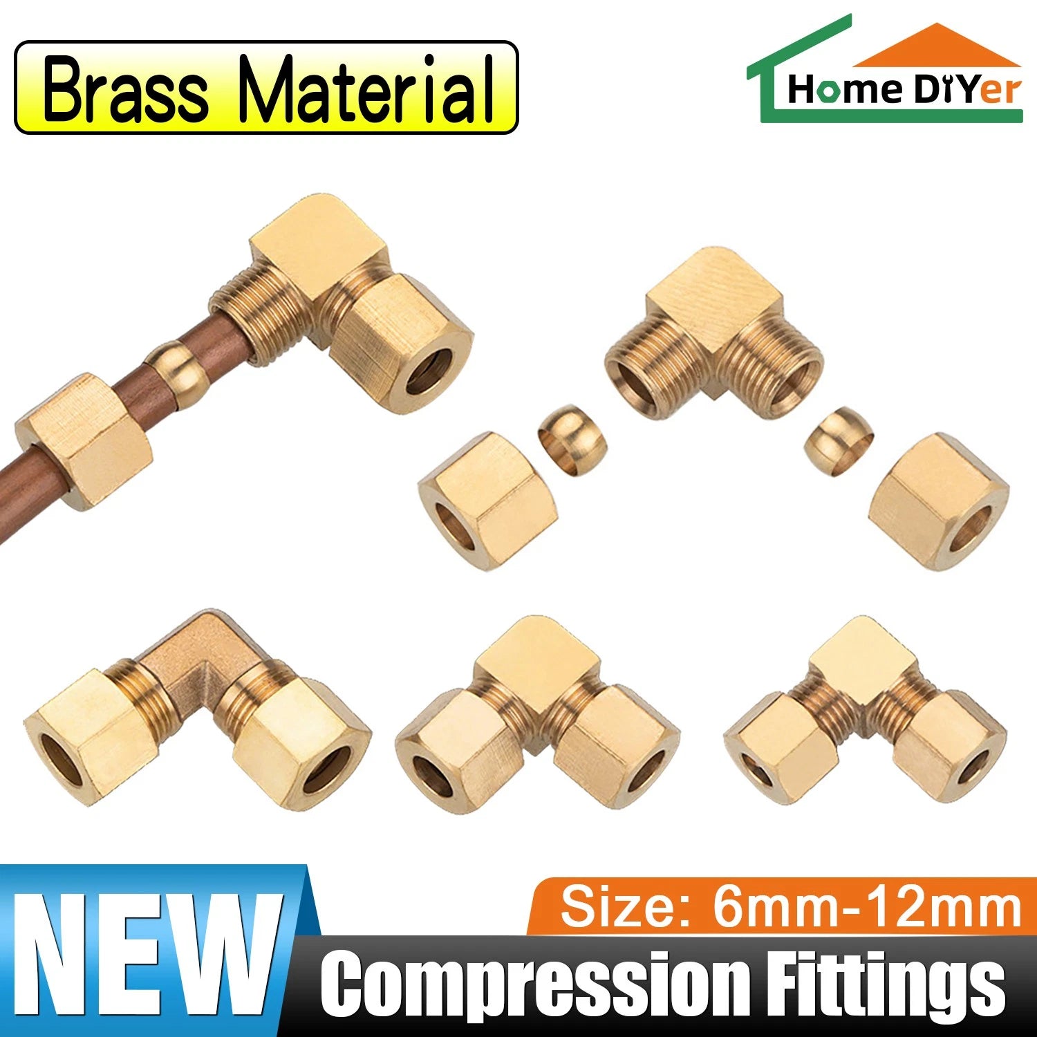 Brass Double Compression 90° Elbow Tube Fitting for Copper Pipe — 6mm to 12.7mm