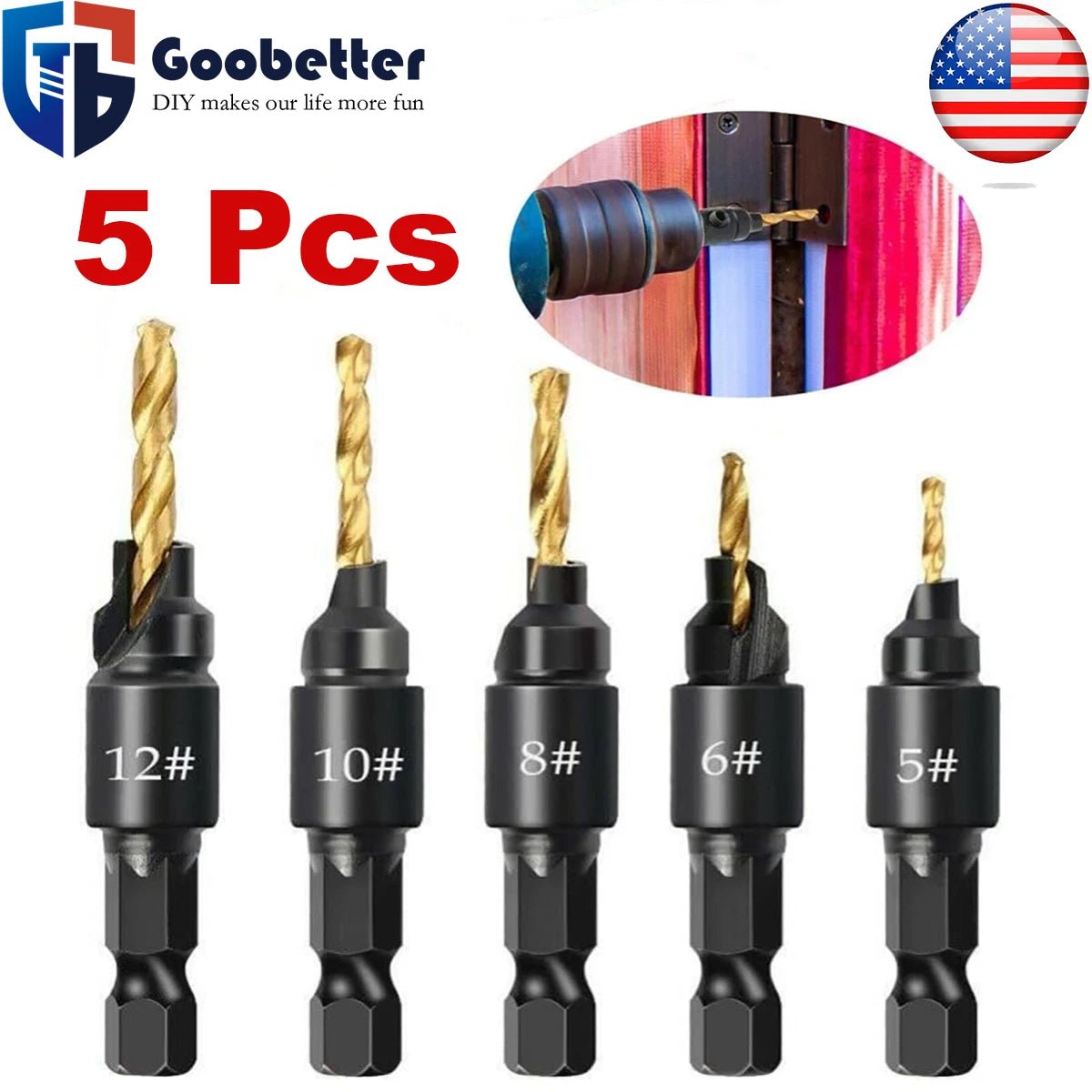 5Pcs HSS Countersink Drill Bit Set – 1/4" Hex Shank, Self - Centering Pilot Holes for Wood & Plastic (5 6 8 10 12 14) - HomeDIYer