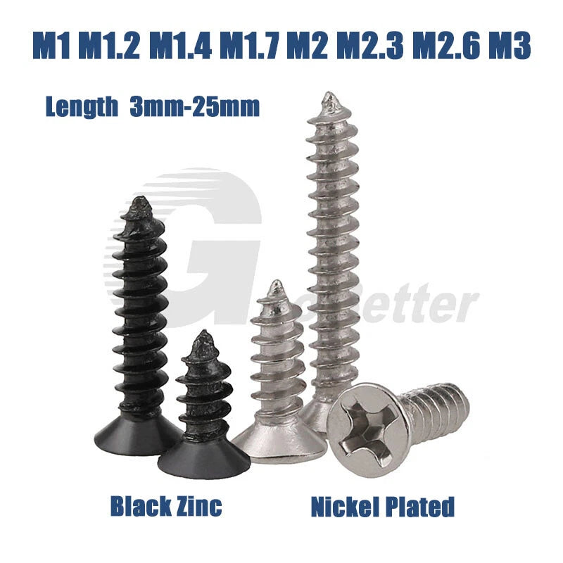 M1 M1.2 M1.4 M1.7 M2 M2.3 M2.6 M3 Flat Head Self‑Tapping Screws – Black Zinc or Nickel Plated