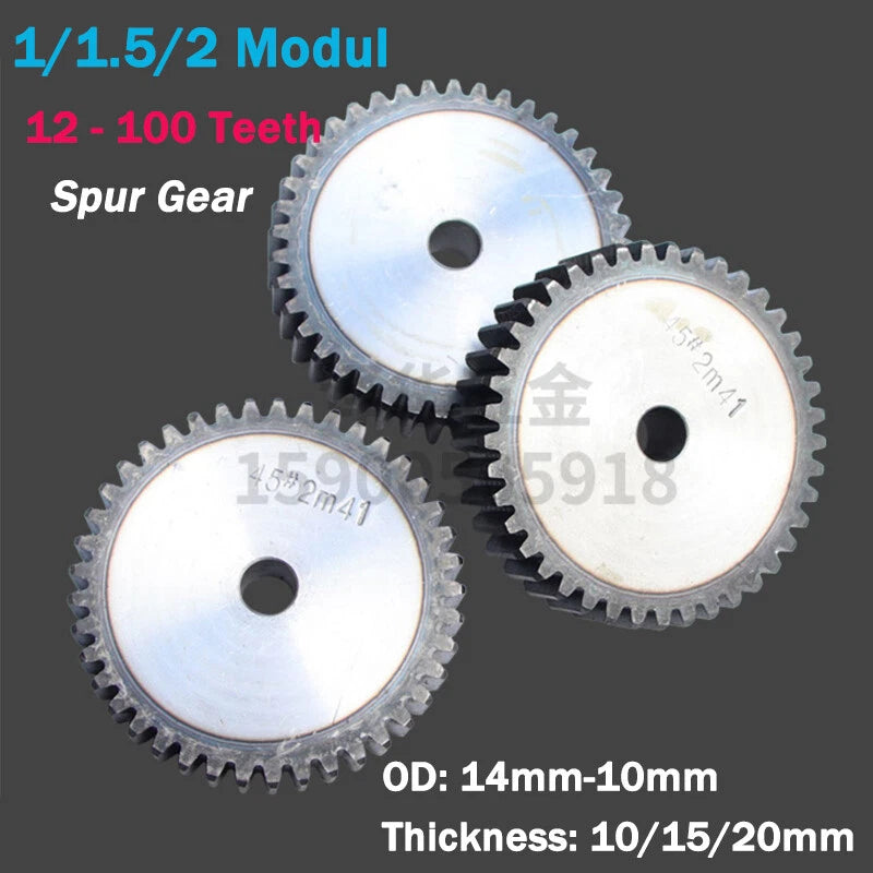 1/1.5/2 Modul Spur Gear 12-100 Teeth 10/15/20mm Thick 45#Steel Transmission Gear