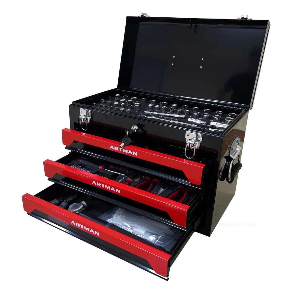 20'' Portable 3 - Drawer Steel Toolbox, 4 Layers of Tools with Metal Latches, with Top Storage Tray and carrying Handle, Multi - Function Tool Storage for Garage, Home, or Workbench ,Black&Red - HomeDIYer