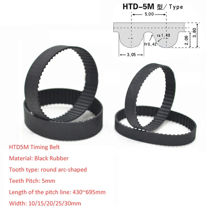 HTD5M Timing Belt 5mm Pitch – 430mm to 695mm, 10–30mm Wide, Black Rubber Drive Belt