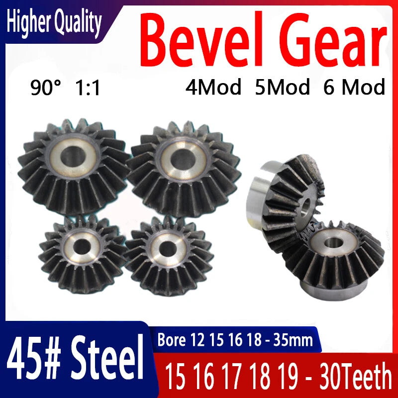 4/5/6 Mod Bevel Gear 15-30 Teeth Transmission Gears Bevel Teeth 90° 45# Steel