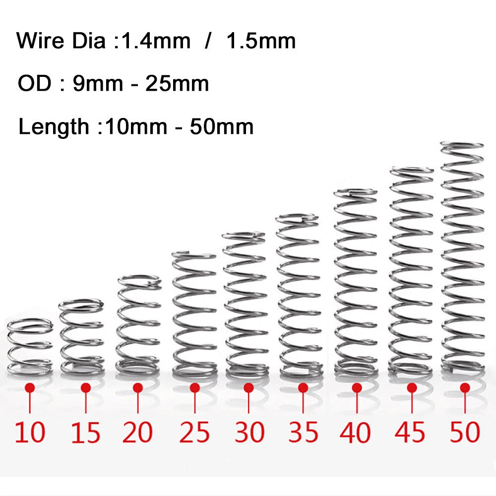 10Pcs Wire Dia 1.4/1.5mm 304 Stainless Steel Spring OD 9-25mm Compression Spring