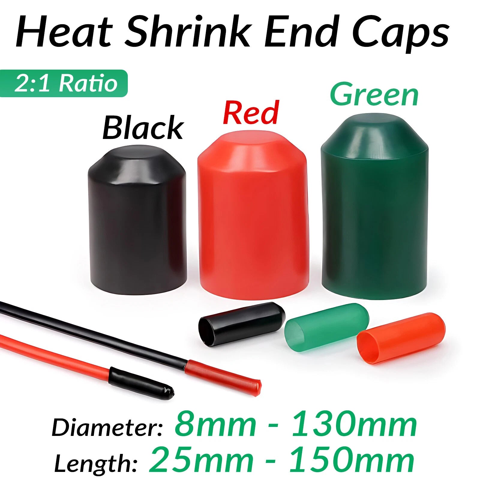 2:1 Adhesive Glue Lined Heat Shrink End Caps — Waterproof Seal, 8–130mm, Black/Red/Green
