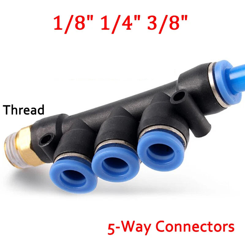 Pneumatic Push-In Hose Fittings — 5-Way Connectors, 4mm–10mm Hose to 1/8" 1/4" 3/8" Thread