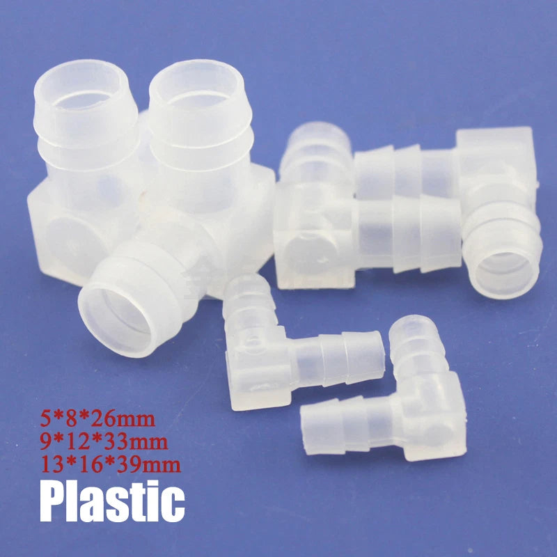 Plastic L-Shaped Elbow 2-Way Hose Connector for 385 Pump — Equal Dia O.D. 8 / 12 / 16mm