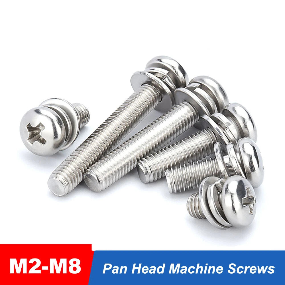 M2 M3 M4 M5 M6 M8 Pan Head Machine Screws with Washers – A2 Stainless Steel (Metric, 5–60mm)
