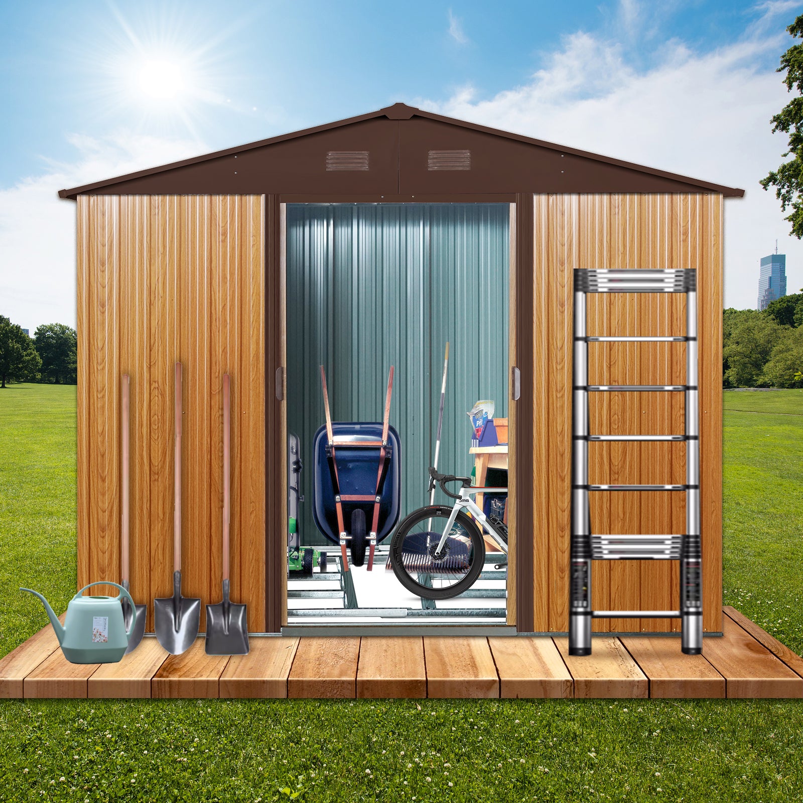 8ft x 6ft Outdoor Metal Storage Shed with Metal foundation,Coffee