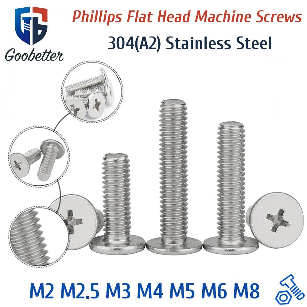 M2–M8 Phillips Flat Head Machine Screws – A2 Stainless Steel for Laptop & Notebook Repair (2–50mm Lengths)