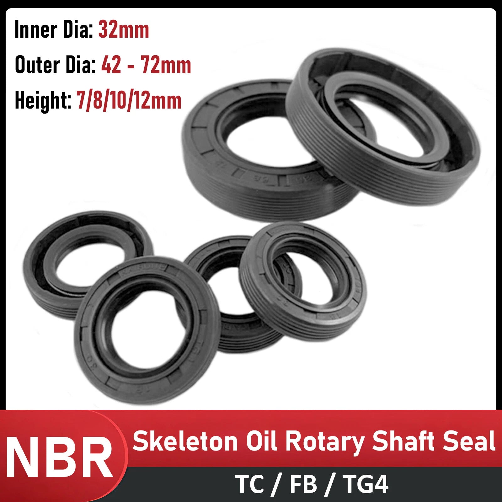 TC Oil Seal 32mm ID Double Lip NBR 70 Rotary Shaft Seal — Multiple Sizes