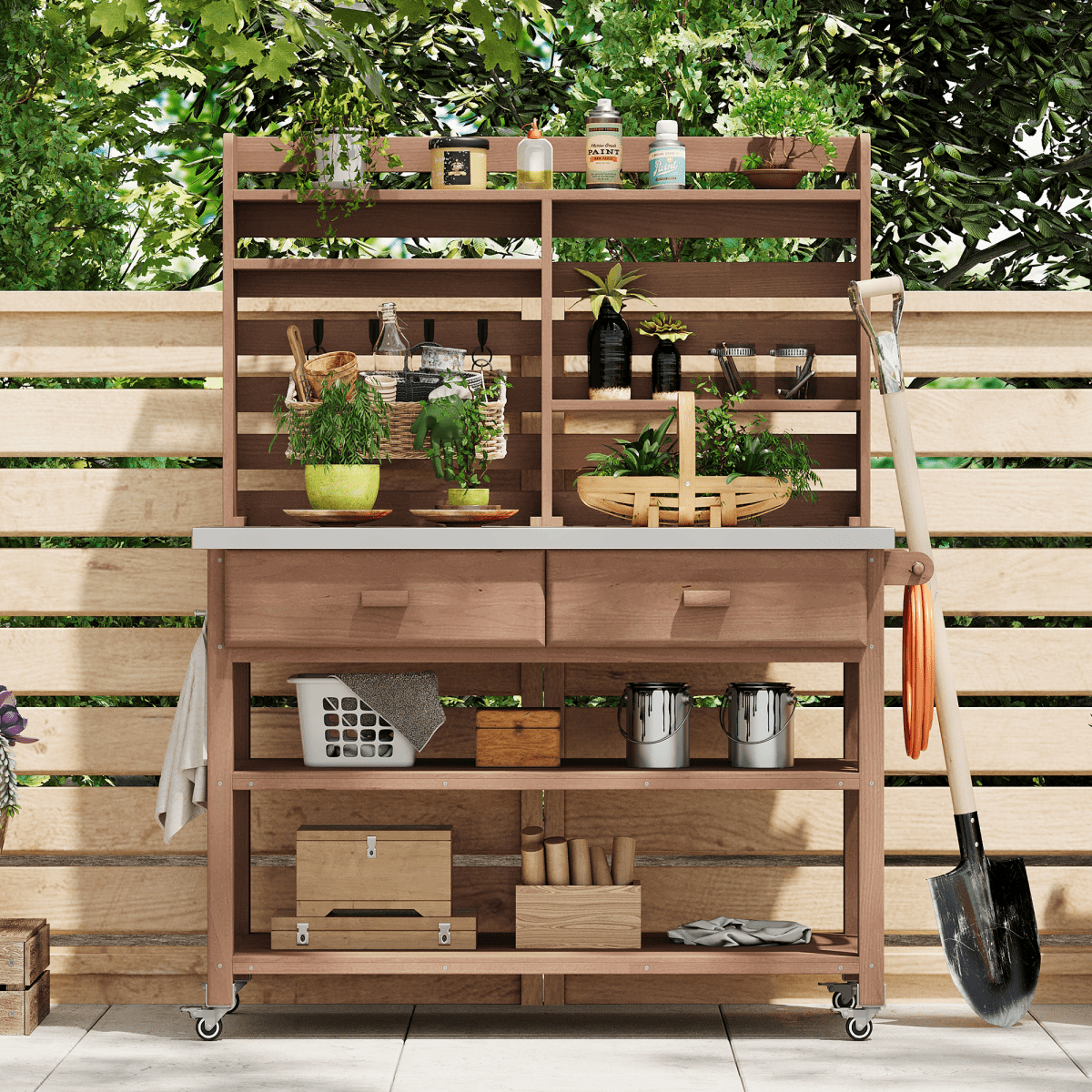 64.9"H Outdoor Potting Bench Table with Lockable Wheels, Solid Wood Outdoor Kitchen Island with Upper Hutch, Stainless Steel Top, Towel Rack ,Outdoor Storage for Grilling, Lawn Garden - Brown - HomeDIYer