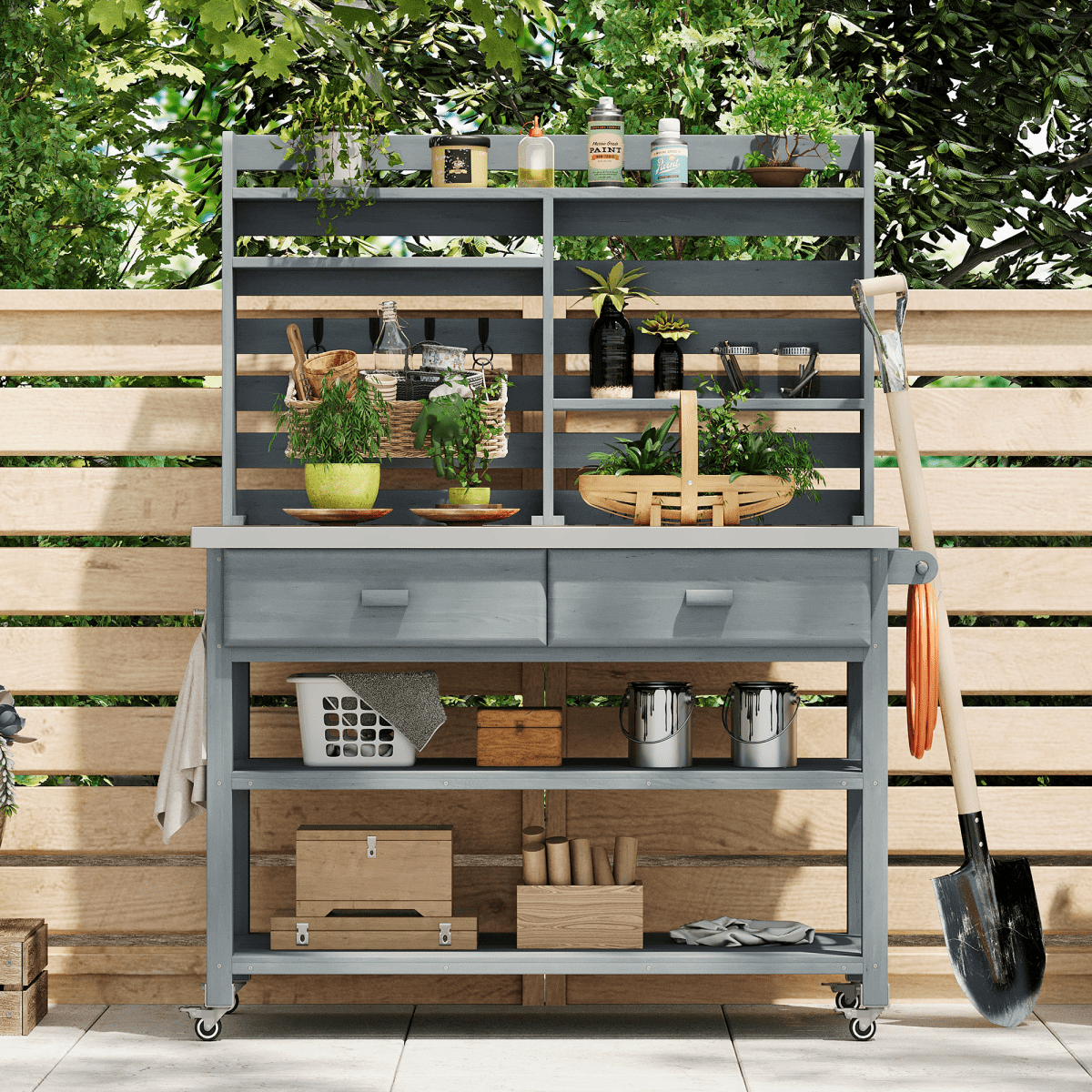 64.9"H Outdoor Potting Bench Table with Lockable Wheels, Solid Wood Outdoor Kitchen Island with Upper Hutch, Stainless Steel Top, Towel Rack ,Outdoor Storage for Grilling, Lawn Garden - Grey Blue - HomeDIYer