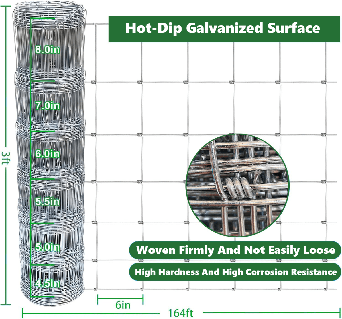 Farm Fence 3ft x 164ft 13Gauge Heavy Zinc Coating Cattle Fence,Galvanized Field Wire Fencing Deer Fence,Goat Fence,Hog Wire Fencing for Yard Livestock & Animals Protection - HomeDIYer