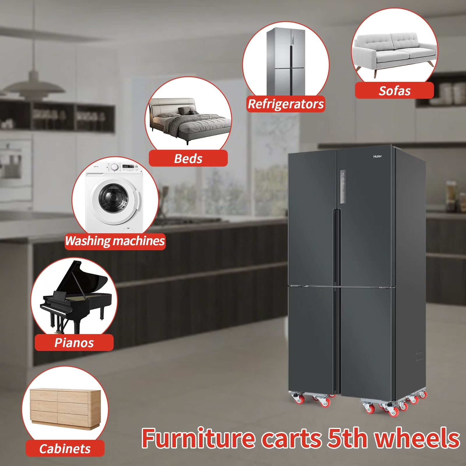 5-Wheel Heavy Duty Furniture Dolly – Carbon Steel Furniture Mover with 360° Rotating Rubber Casters, Max Load 1300 lbs