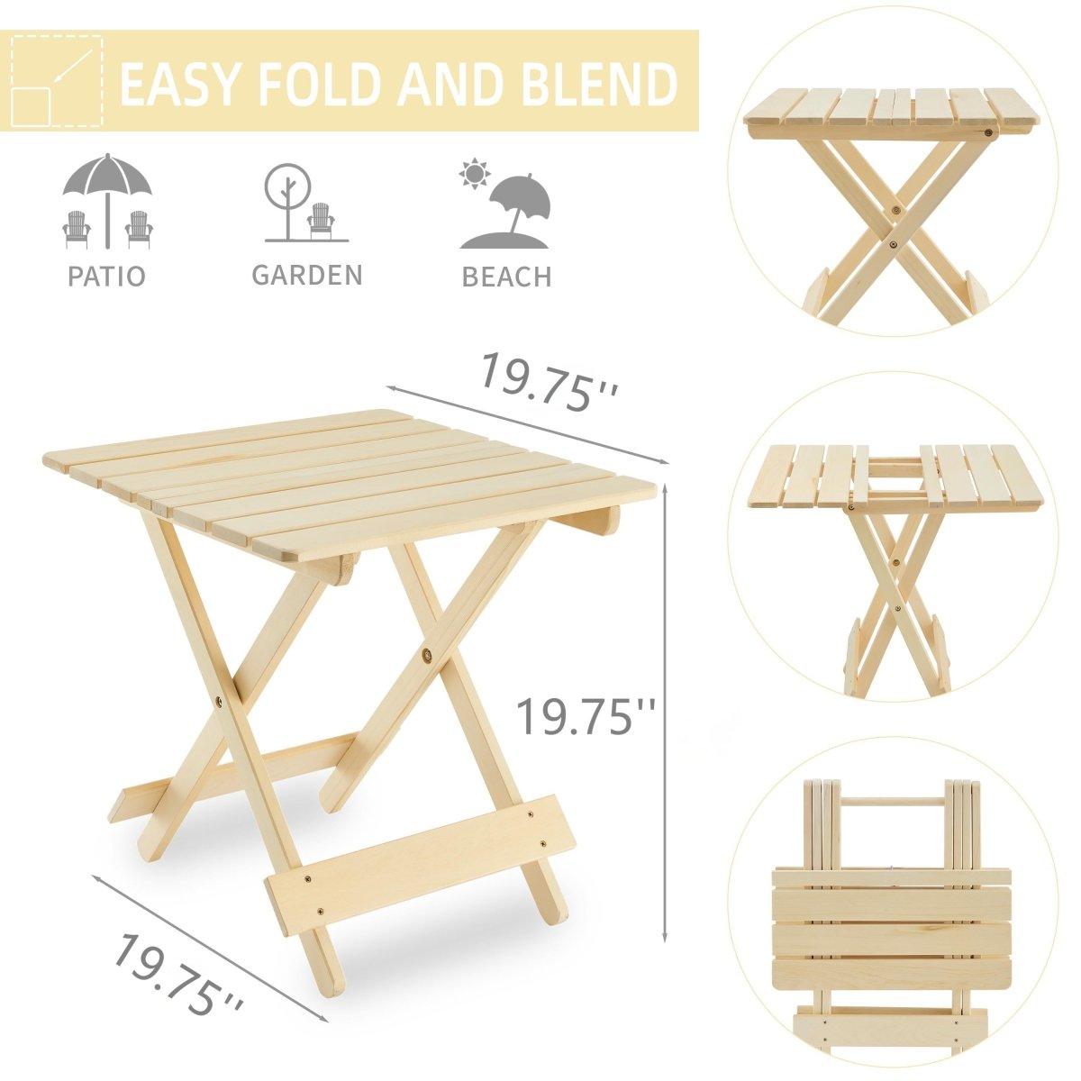 Folding Square Table Patio Outdoor solid wood Table for Backyard, Balcony, Portable Design Space - Saving Natural Wood Color - HomeDIYer