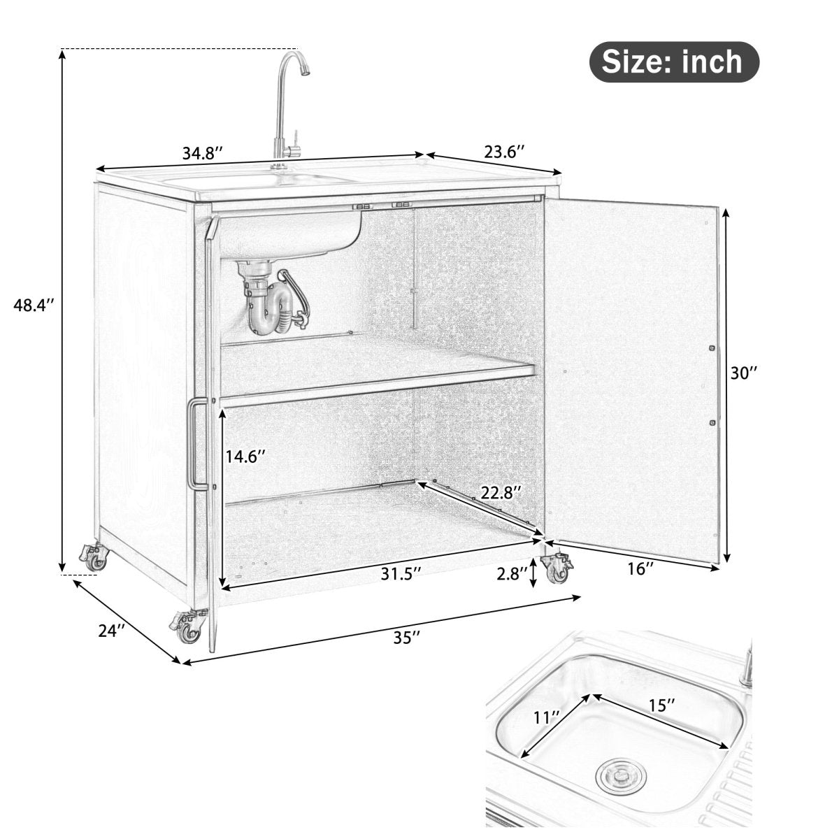 Outdoor Mobile Kitchen Sink Station | Stainless Steel with Storage Cabinet - HomeDIYer
