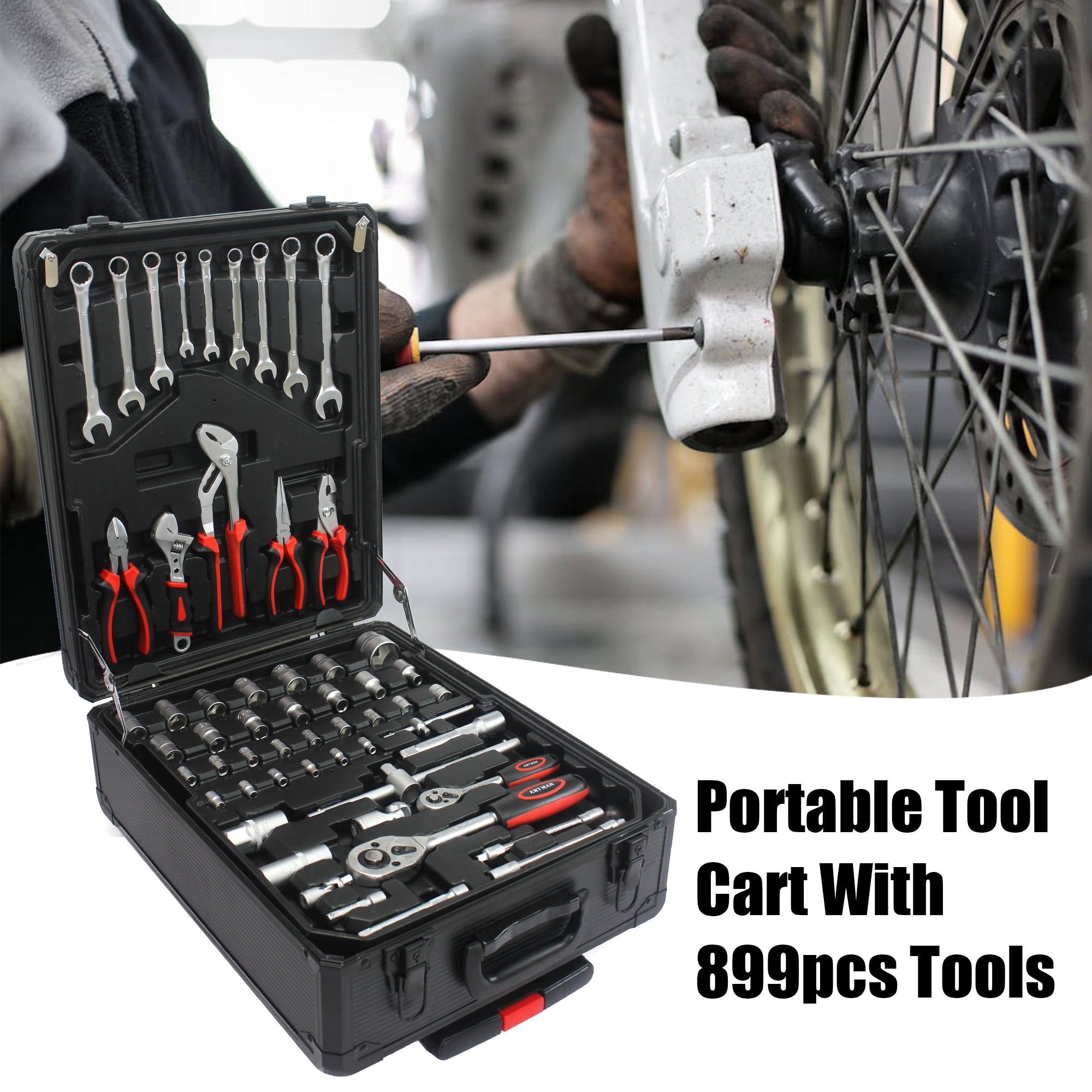 899pcs Home Repair Tool Set Kit, Toolbox Storage Case with 4 Drawers, General Household Tool Kit with Rolling Tool Box, Tool Set Kit for Maintenance, Garden, Homeowner, Handyman -Black