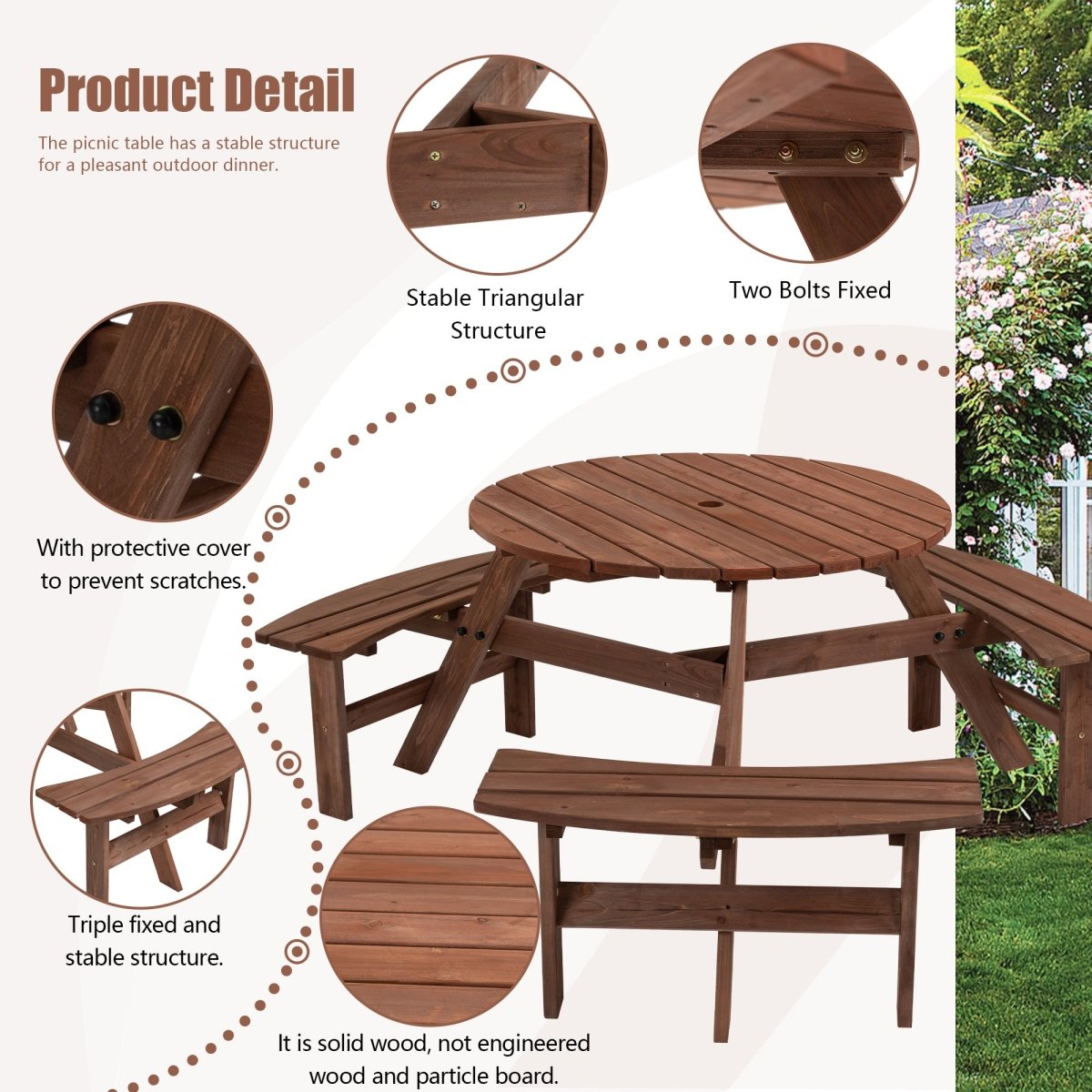6 - Person Circular Outdoor Wooden Picnic Table for Patio, Backyard, Garden, DIY w/ 3 Built - in Benches, 1720lb Capacity - Brown - HomeDIYer